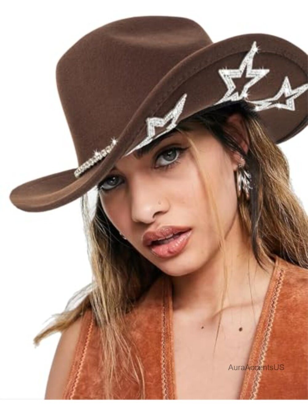 Felt Cowboy Hat Rhinestone Star Studded Wide Brim Fedora for Western